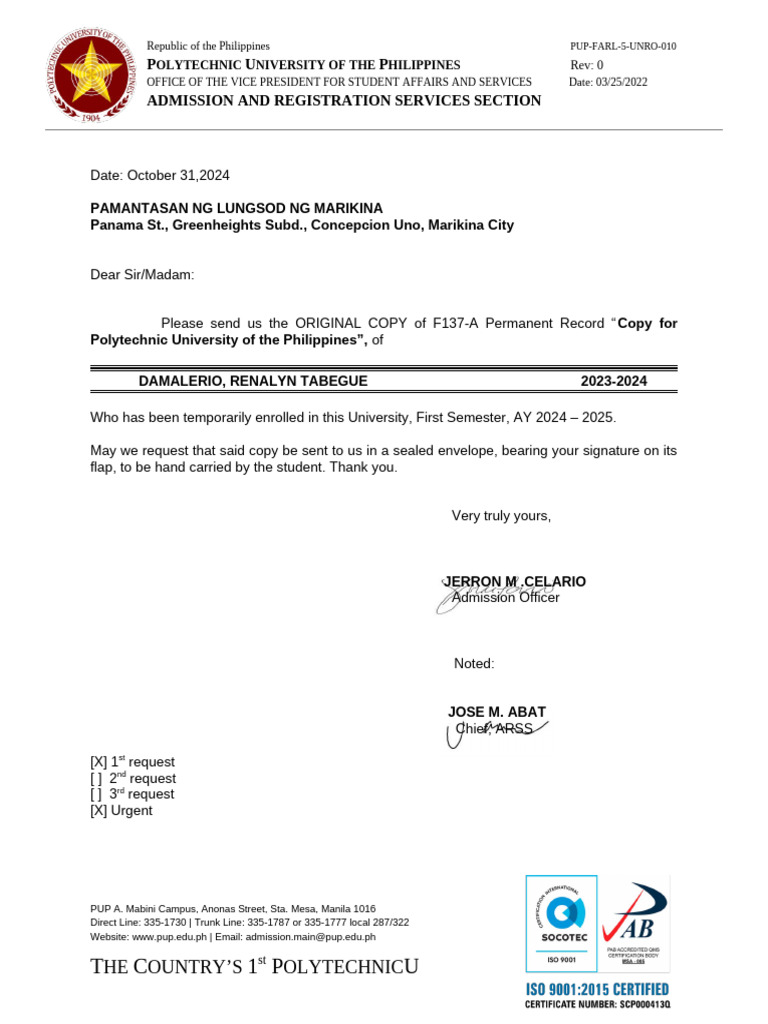 Request for Form 137 Copy | PDF