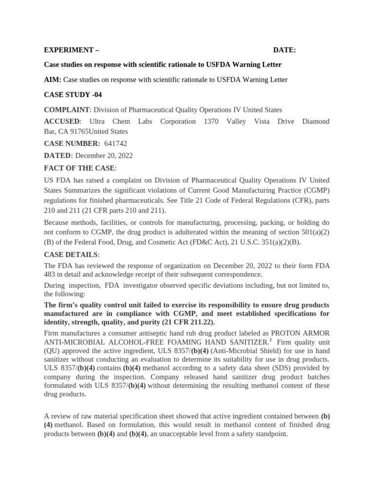 FDA Warning Letter Case Study Analysis | PDF | Food And Drug ...