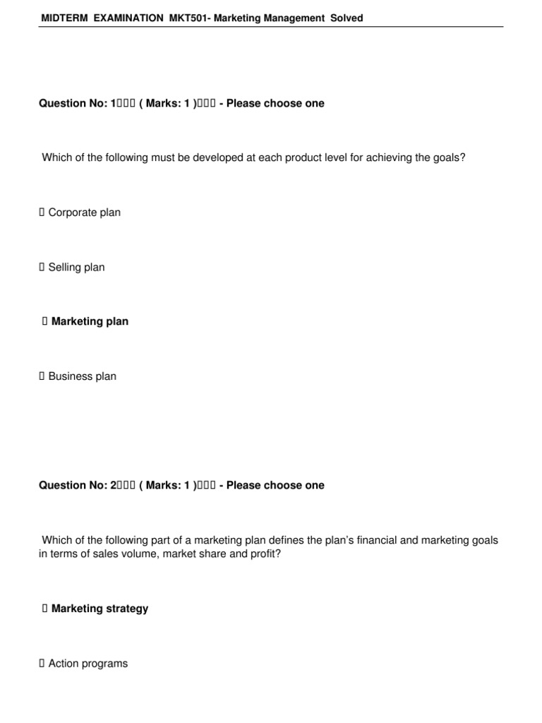 MKT501 Marketing Management Midterm Exam | PDF | Sales | Prices