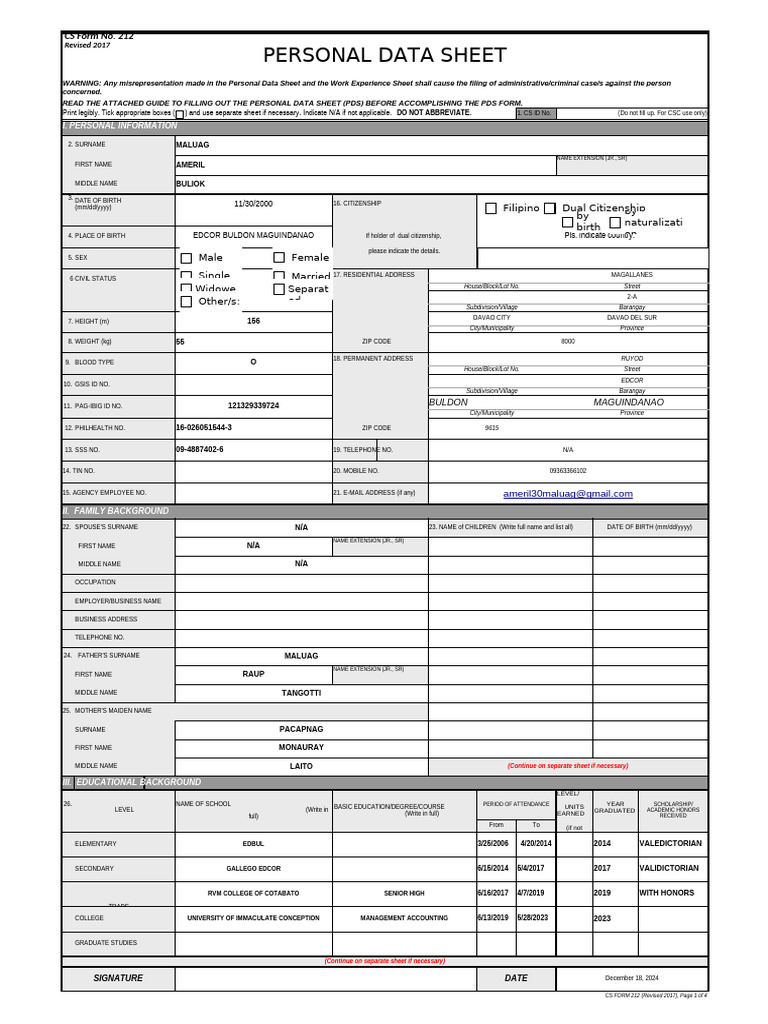 Personal Data Sheet (PDS) Template | PDF | Government | Justice