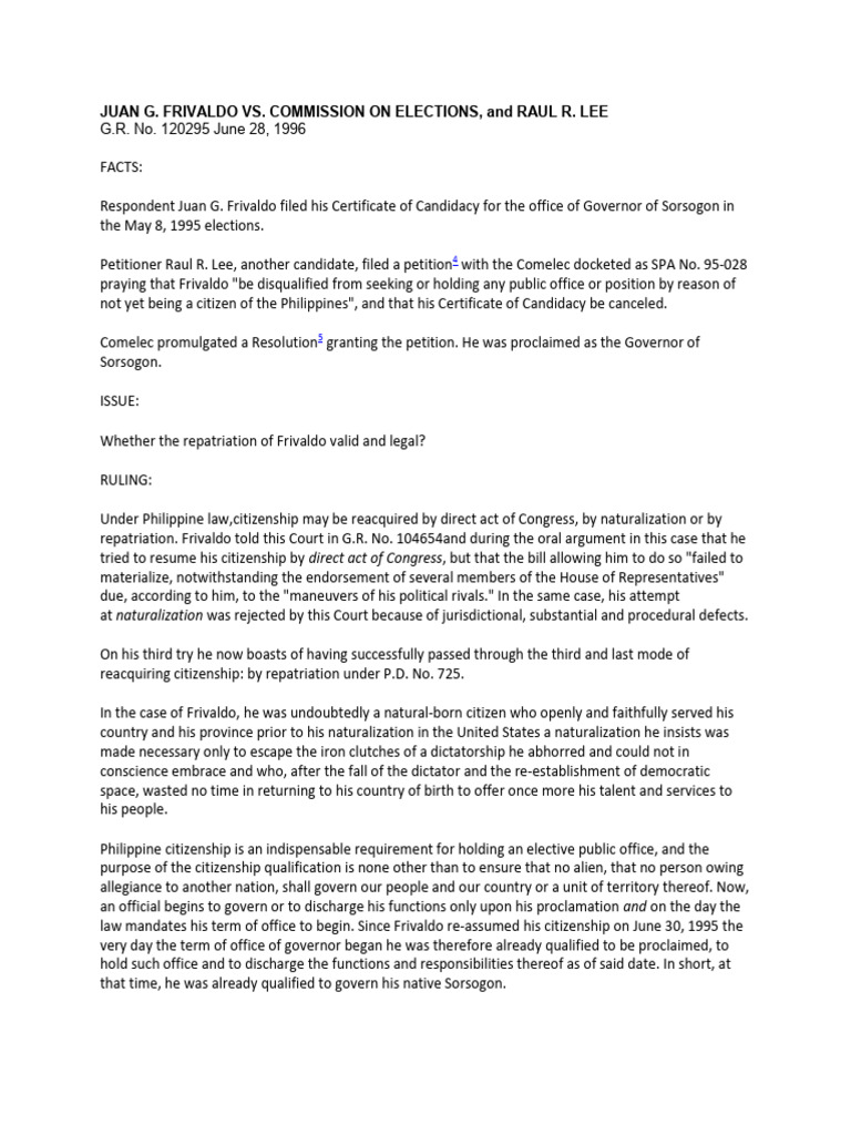 JUAN G. FRIVALDO VS. COMMISSION ON ELECTIONS, and RAUL R. LEE | PDF ...