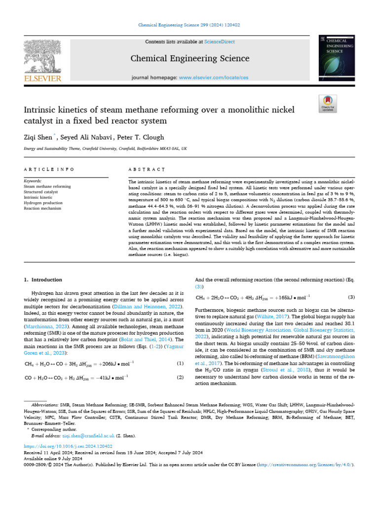 Intrinsic Kinetics of Steam Methane Reforming Over A Monolithic Nickel ...