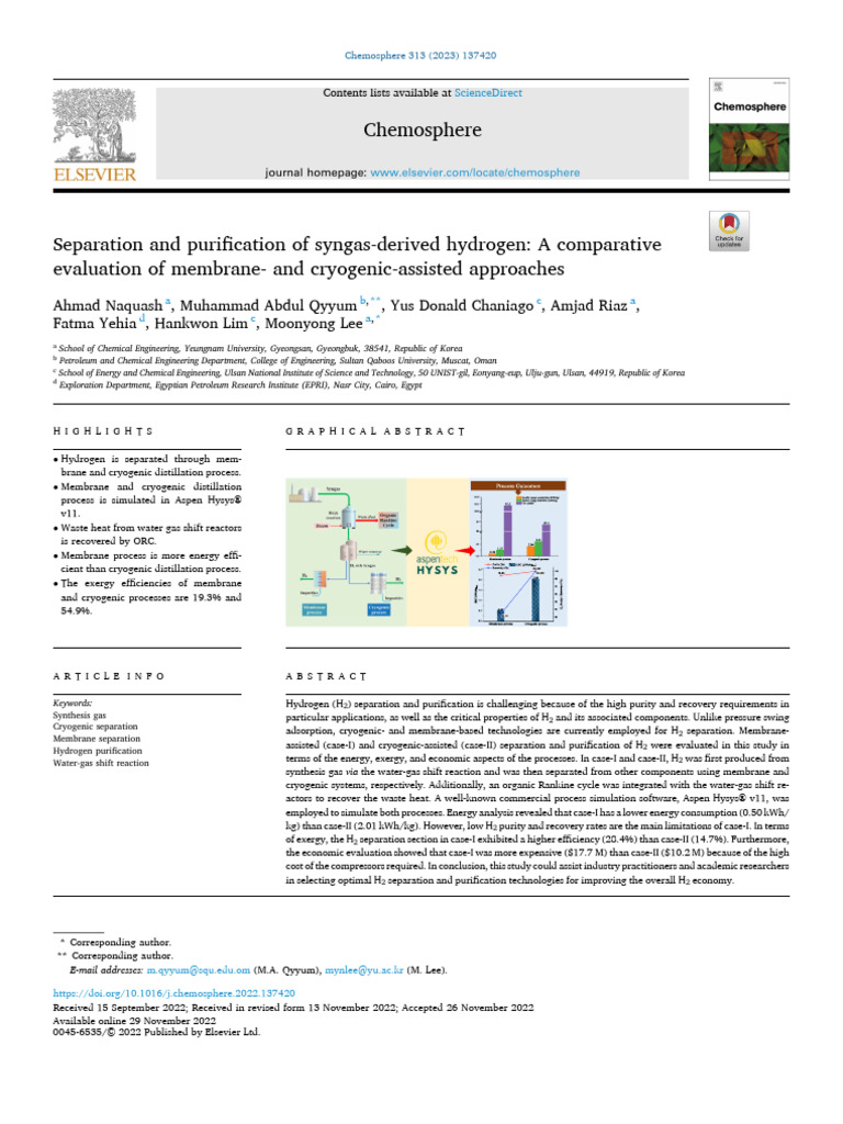Separation and Purification of Syngas Derived Hydrogen | PDF | Exergy ...