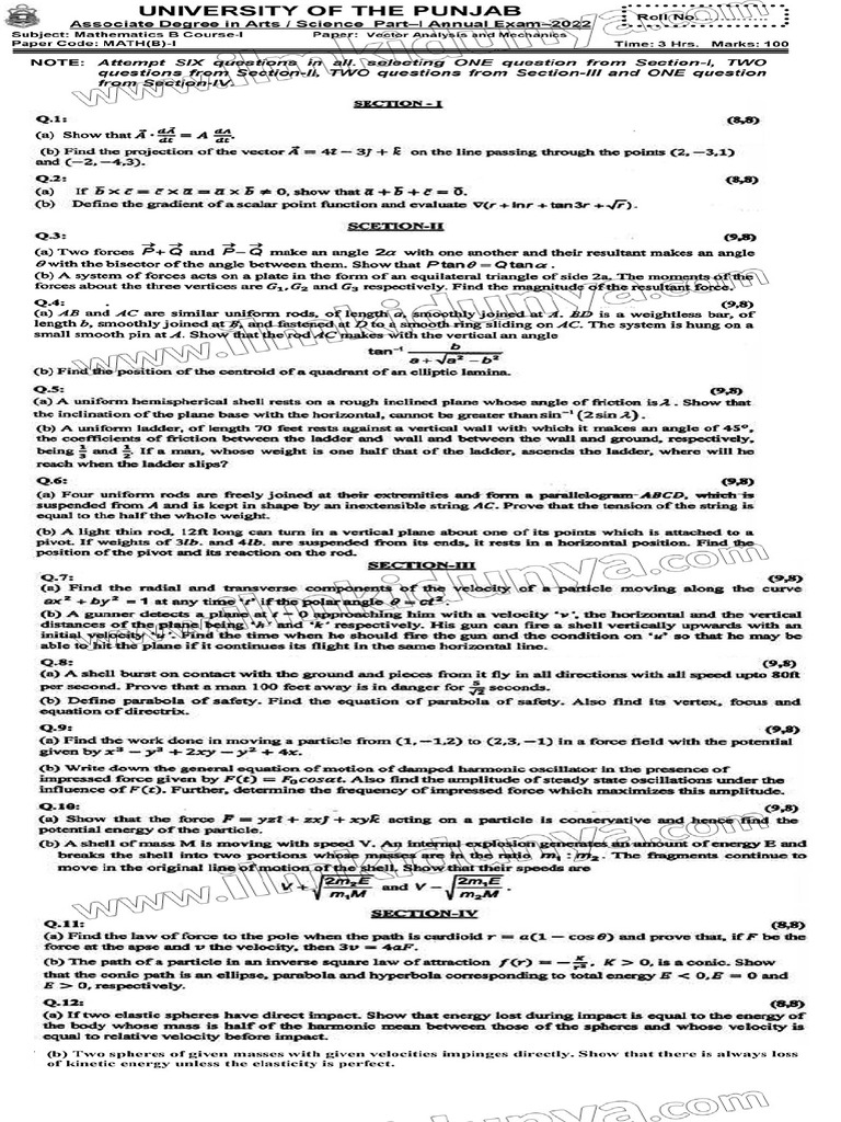 Past Paper 2022 Punjab University Mathematics B BA BSC Part I ...