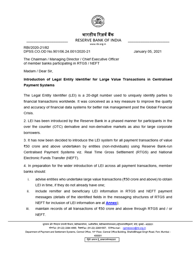 LEI Guidelines for Large Transactions | PDF | Reserve Bank Of India ...