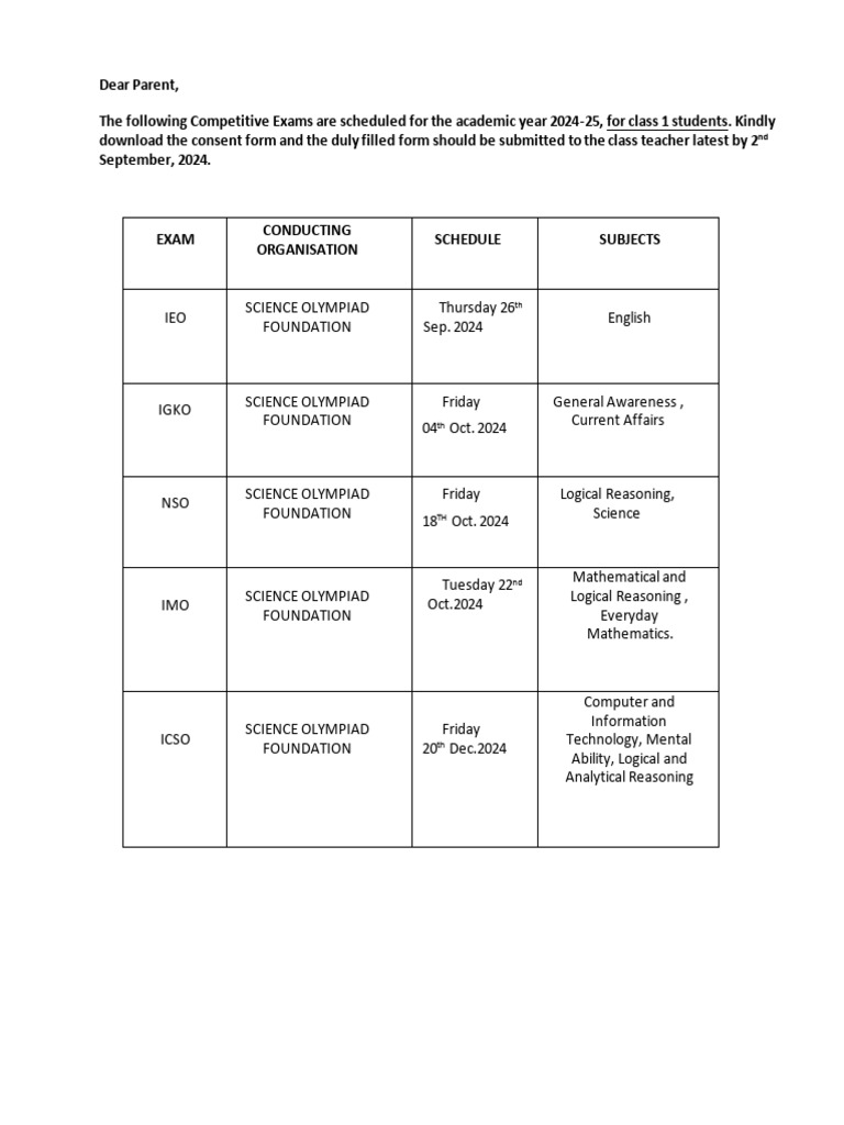 Class 1 Olympiad Exam Details 2024-25 | PDF