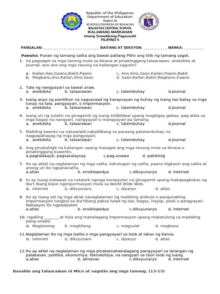 1ST Summative Test Filipino Q2 2023 | PDF