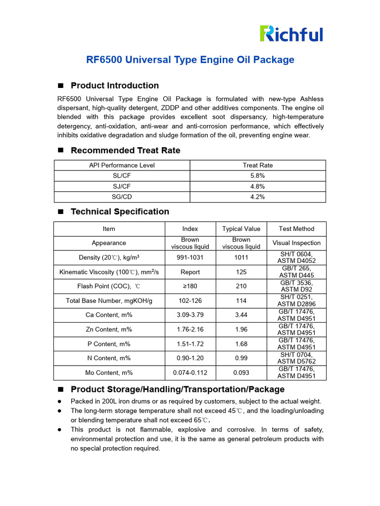 RF6500 Engine Oil Package Overview | PDF | Motor Oil | Liquids