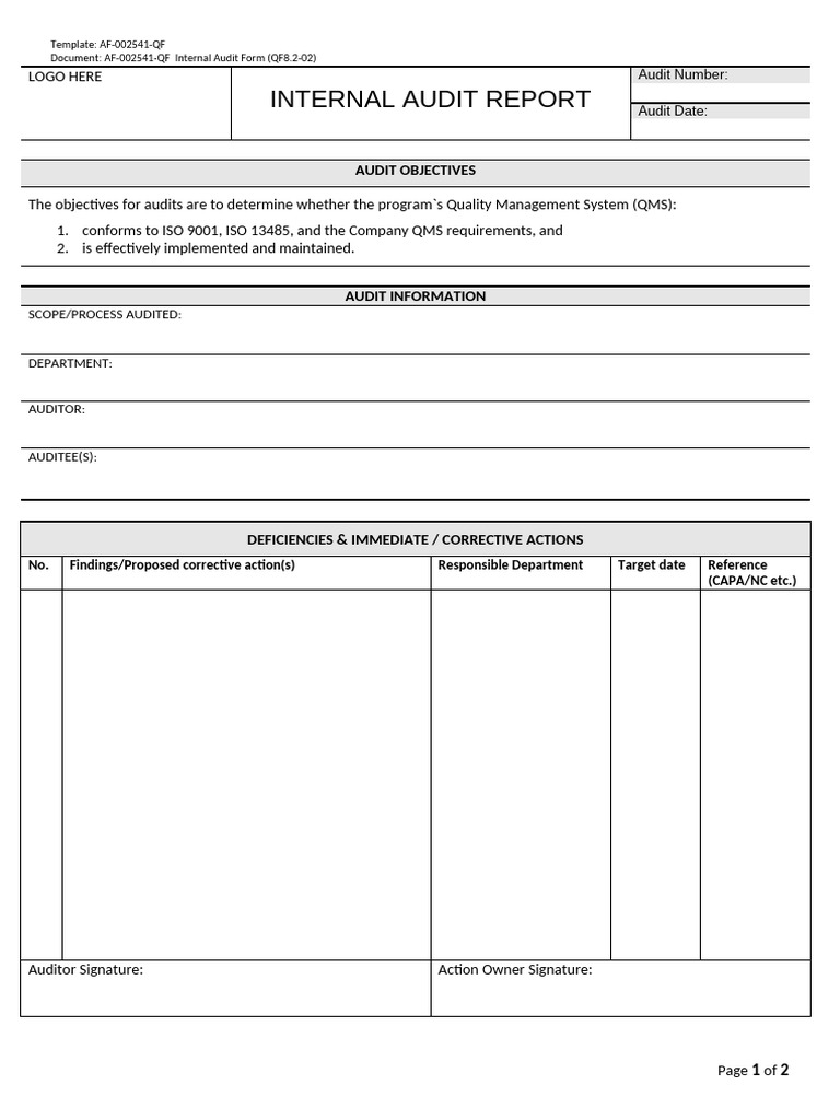 Internal Audit Form Template QF8.2-02 | PDF | Audit | Auditor's Report