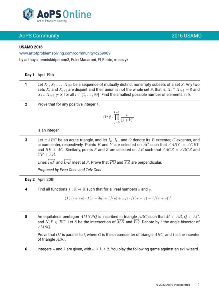 2016 USAMO Problems and Solutions | PDF | Elementary Mathematics ...