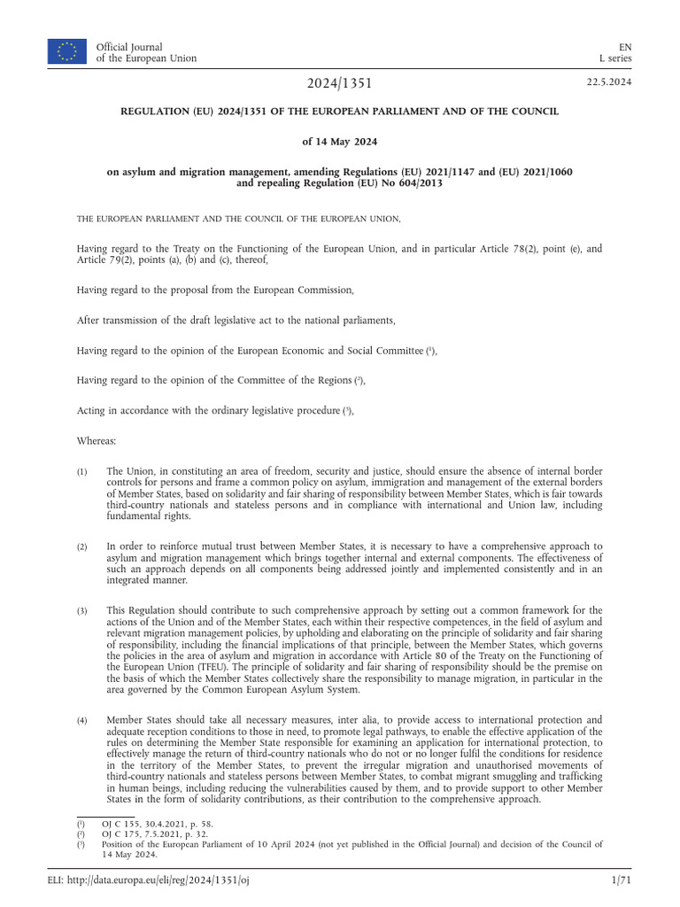 EU Regulation 2024/1351 on Asylum Management | PDF | European Union ...