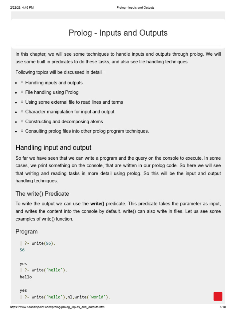 Prolog - Inputs and Outputs | PDF | String (Computer Science) | Command ...