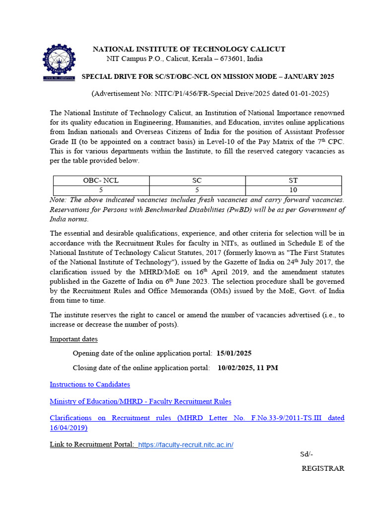 NIT Calicut Assistant Professor Recruitment 2025 | PDF | Government Of ...