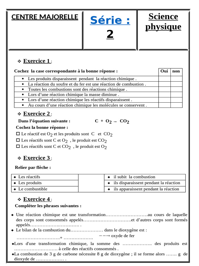 Exercices de chimie sur les réactions | PDF | La combustion | Réactions ...