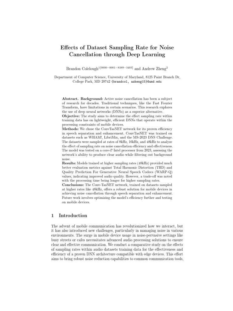 Effects of dataset sampling rate for noise cancellation through deep