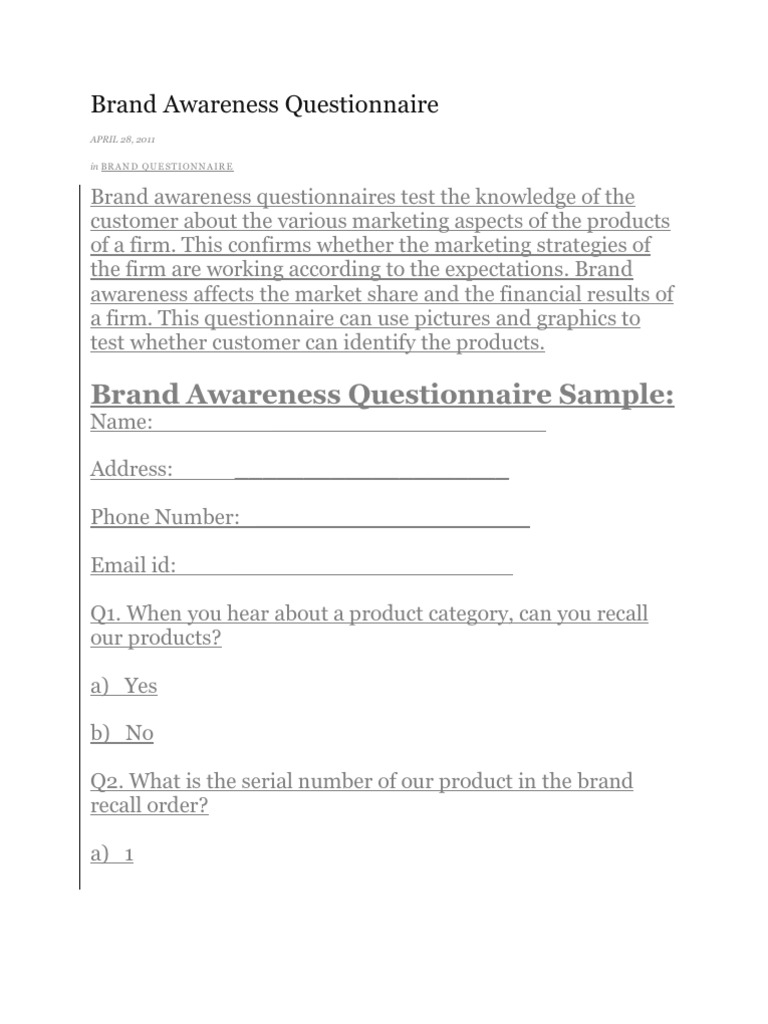 Brand Awareness Questionnaire PDF Brand Marketing