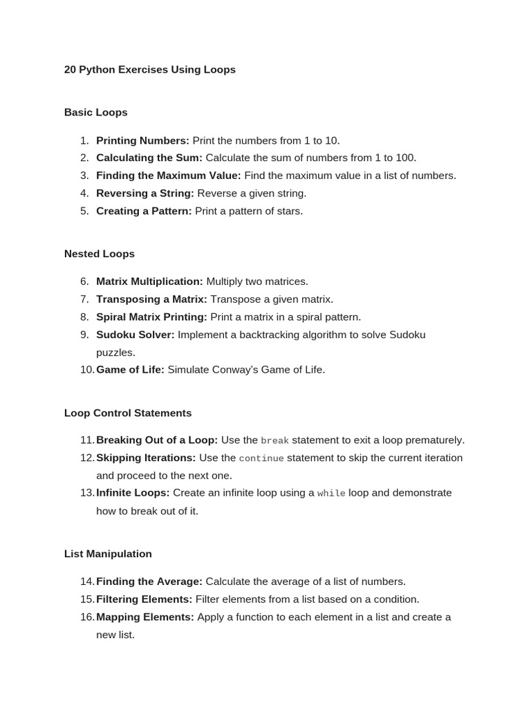 20 Python Exercises Using Loops Class 6 | PDF