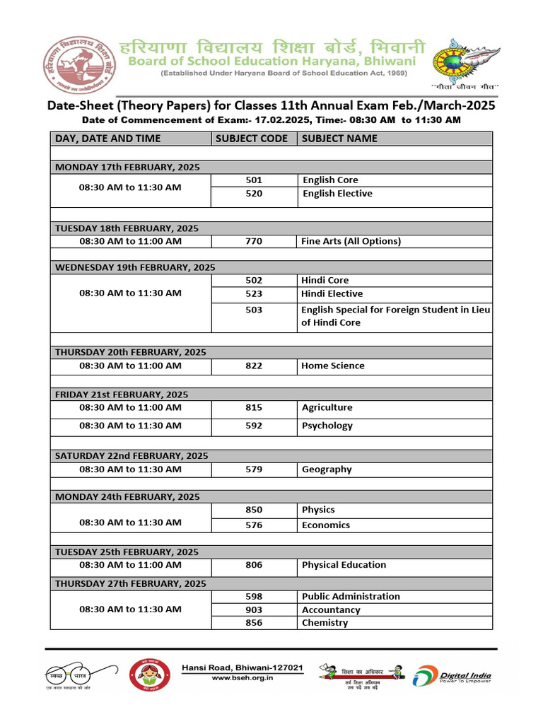 11th Class Exam Date-Sheet 2025 | PDF | Science
