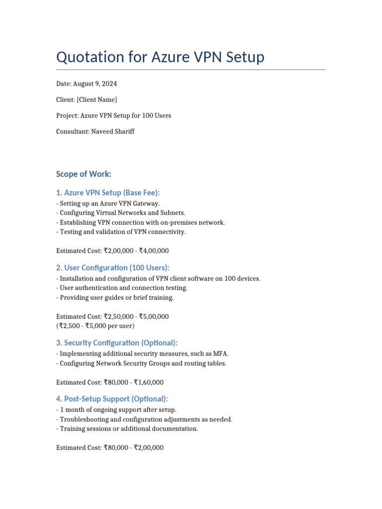 Quotation For Azure VPN Setup Naveed Shariff | PDF