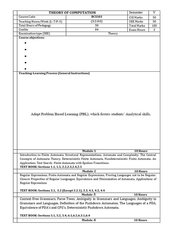 BCS503 - Theory of Computation - Syllabus | PDF | Automata Theory ...