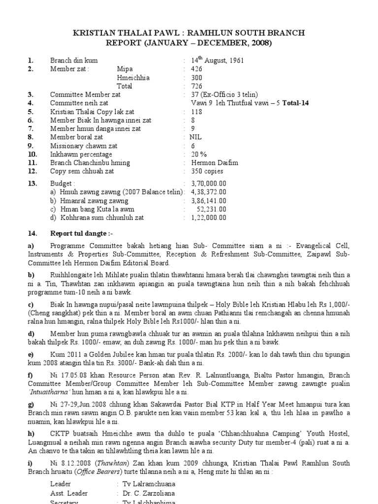 KTP Ramhlun South Branch Report 2008 | PDF | Business