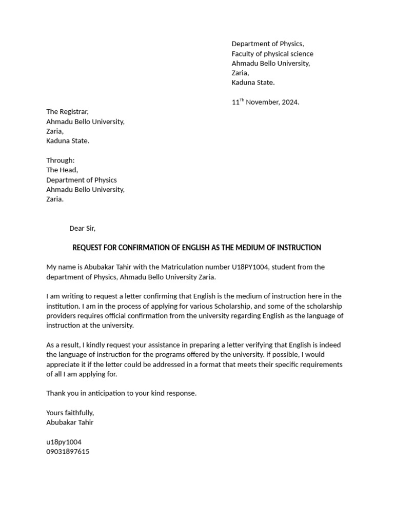 Request for English Instruction Confirmation | PDF