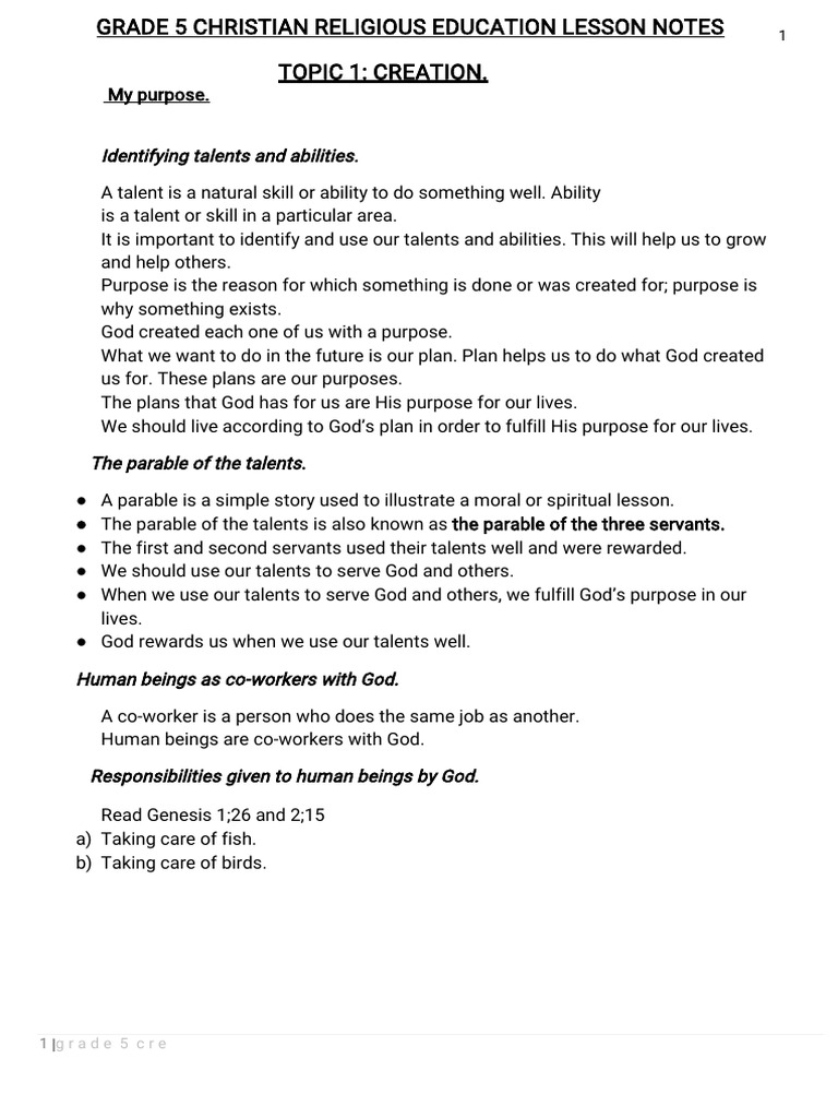 Grade 5 CRE Lesson Notes on Purpose | PDF