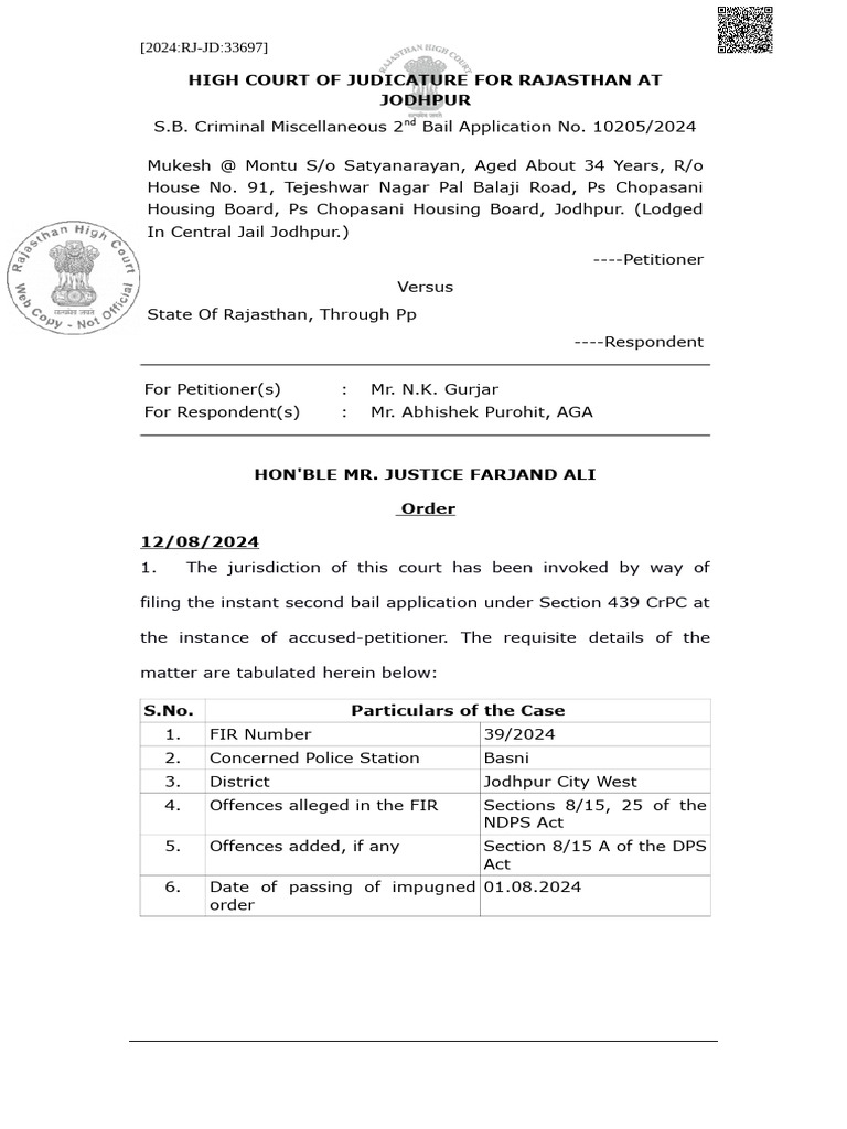 Rajasthan High Court Bail Application 2024 | PDF | Bail | Crimes