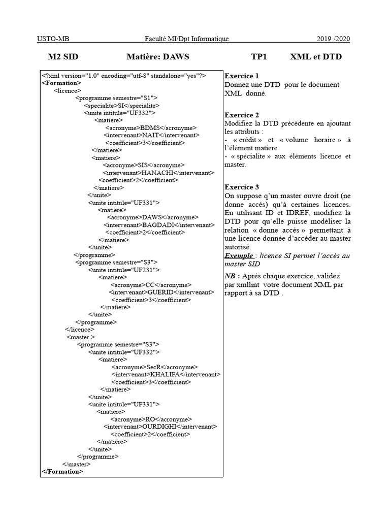 DTD pour XML de formation USTO-MB | PDF | XML | Persistance