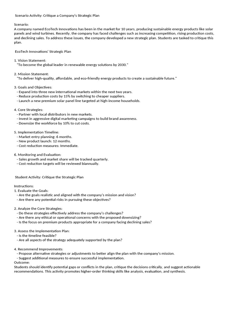Scenario Activity Critique A Company Strategic Plan | PDF | Strategic ...