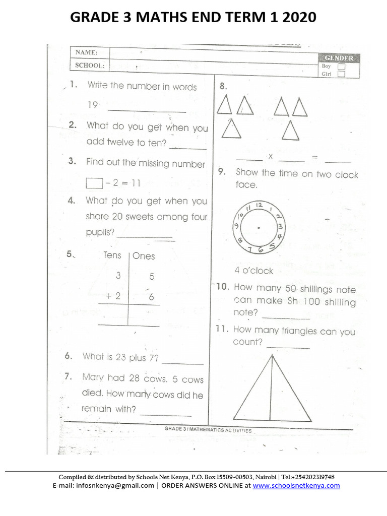 Grade 3 Maths Term 1 Exam 2020 | PDF