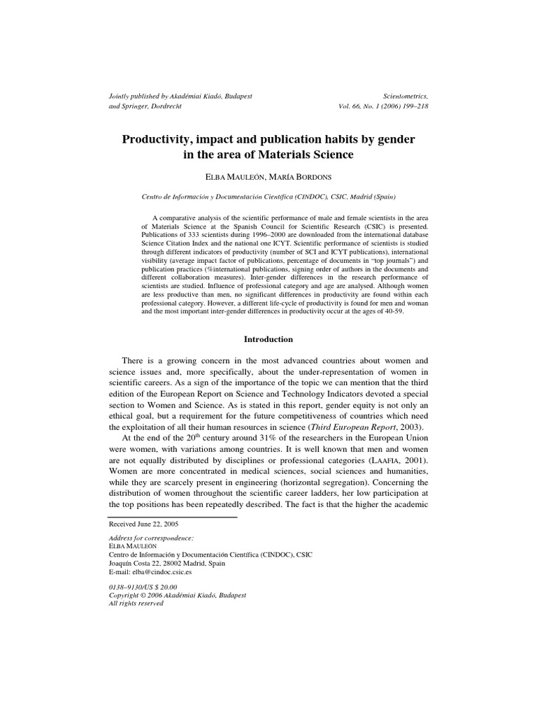 Productivity, Impact and Publication Habits by Gender in The Area of ...