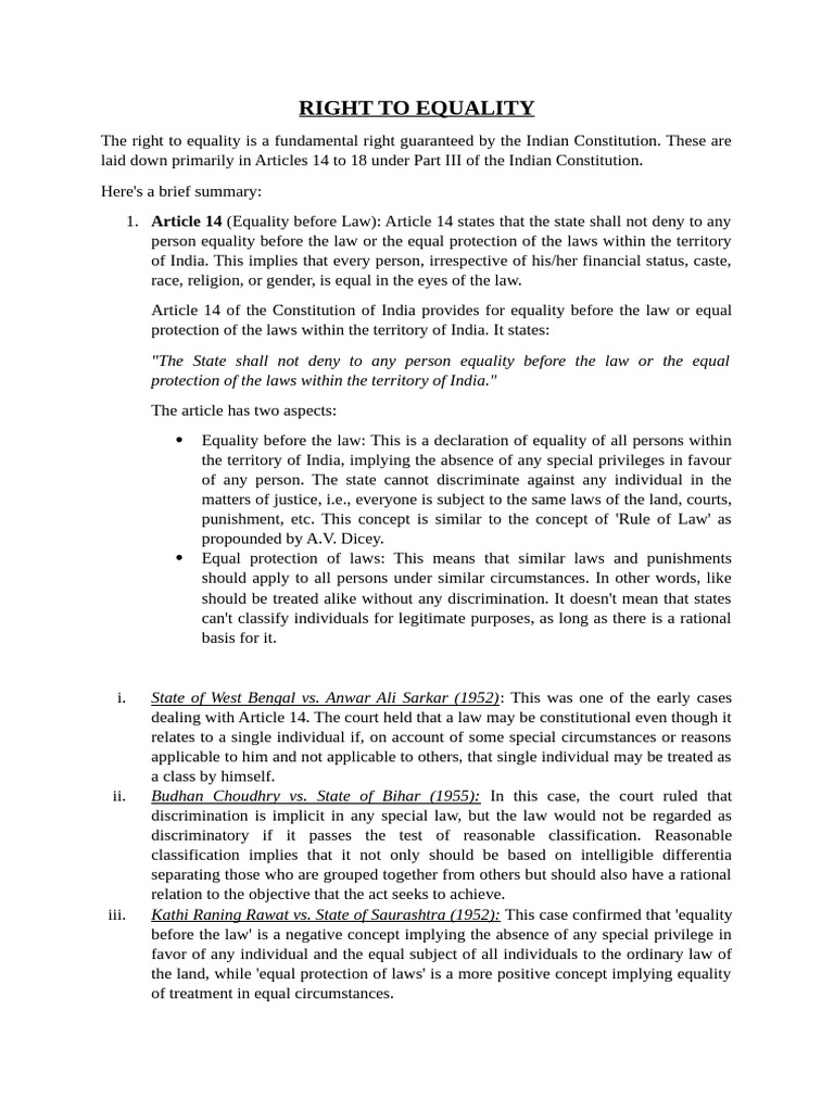 Indian Constitution: Right to Equality | PDF | Justice | Crime & Violence