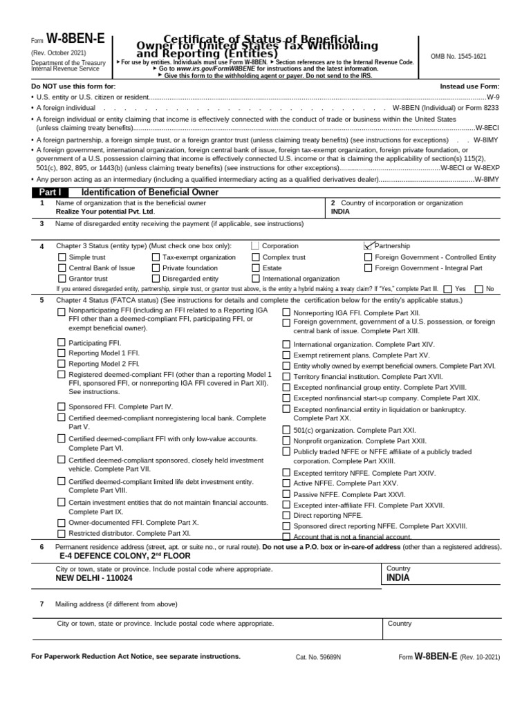 W-8BEN-E Anleitung für 2021 | PDF | Pension | 501(C) Organization