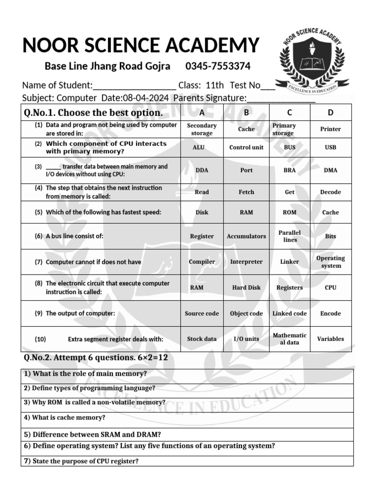11th Computer Test 4 | PDF | Computer Data Storage | Central Processing ...