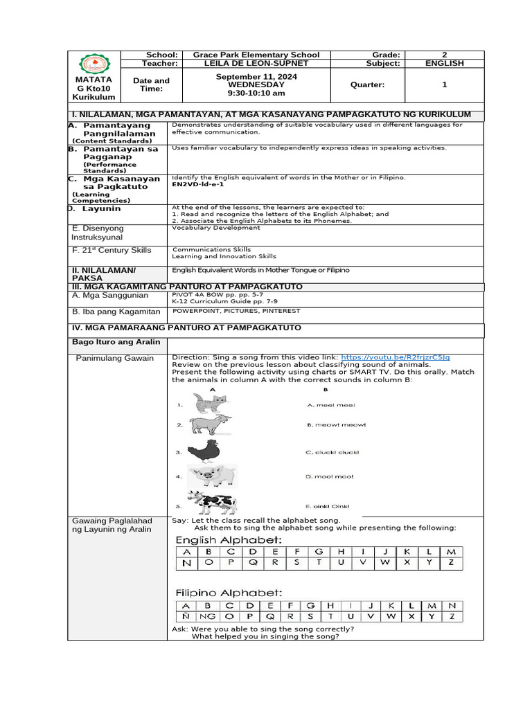 Grade 2 English Lesson Plan Overview | PDF | English Language | Vocabulary