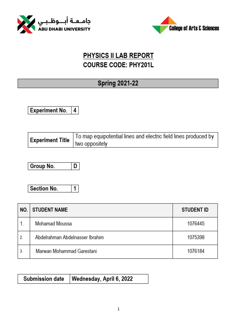 PHY201L Exp 04 Electric Field Group D | PDF | Electric Field ...