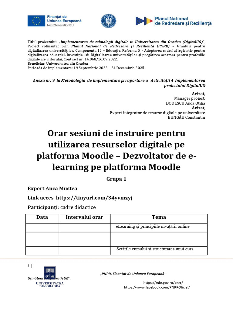 Anexa 9 Orar Sesiuni de Instruire Moodle DigitalUO - Format TIP-1 | PDF