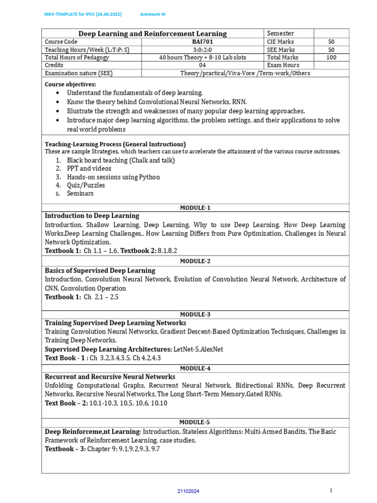 Deep Learning and Reinforcement Learning Course | PDF | Key ...