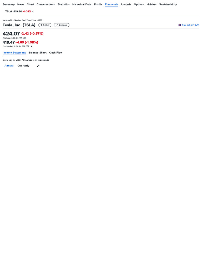 Tesla, Inc. (TSLA) Income Statement - Yahoo Finance | PDF | Expense |  Income Statement