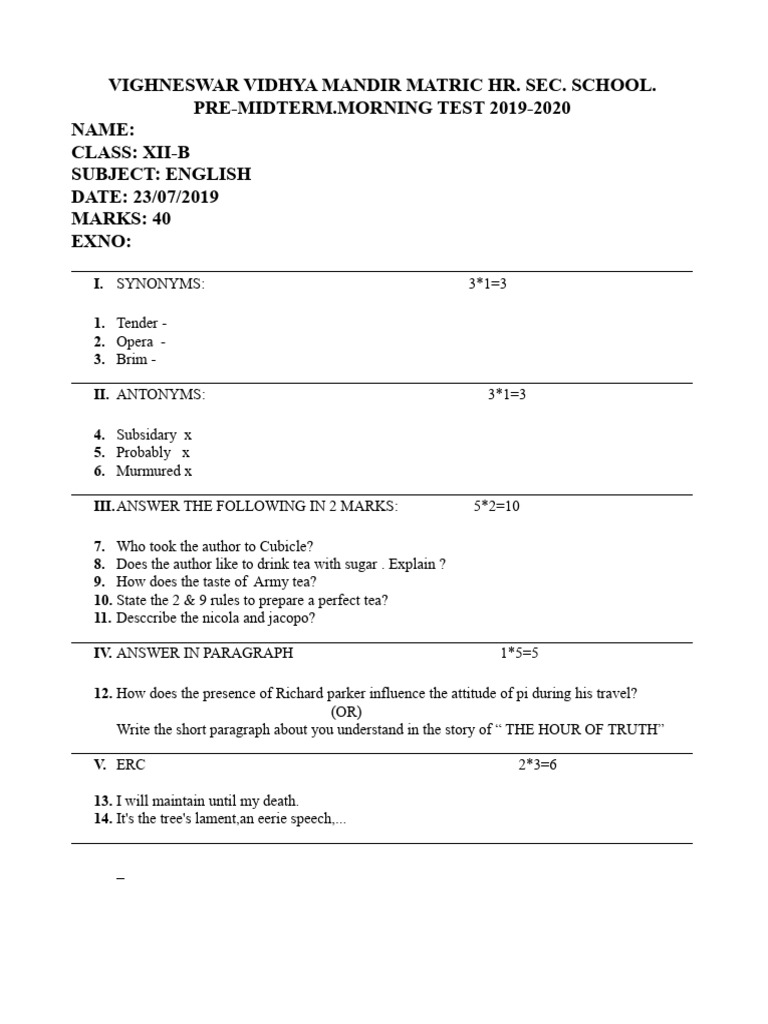 12th English Model Question Paper Pdf Download Pdf Language