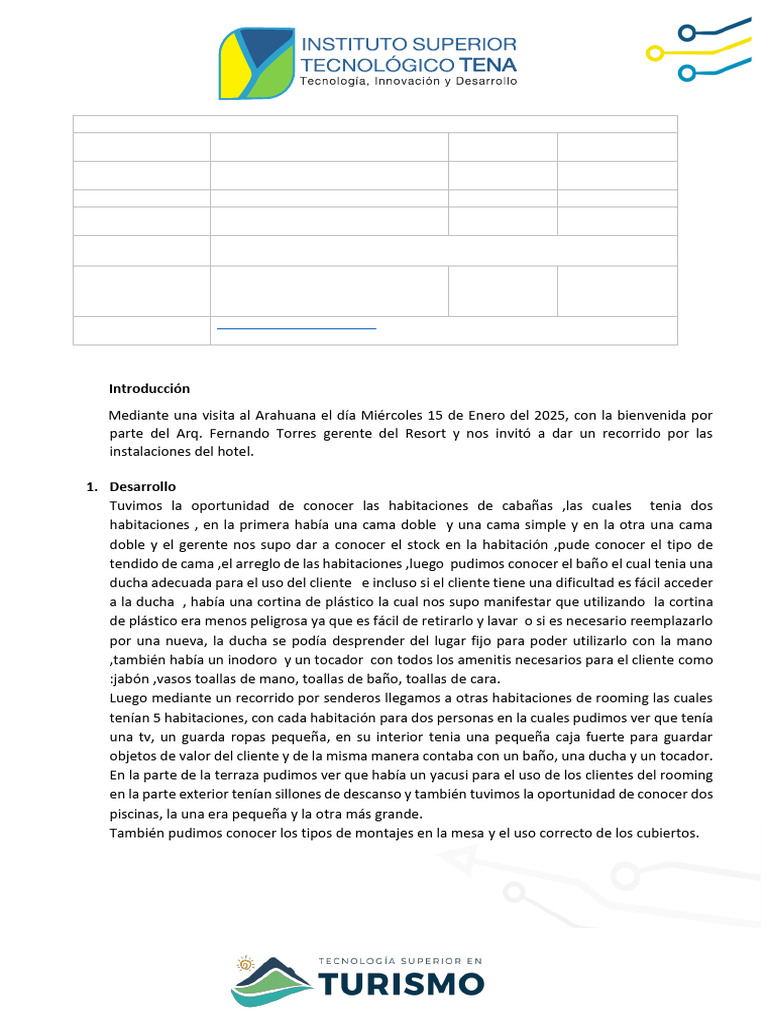 Visita al Arahuana Resort: Informe Turístico | PDF | Ducha