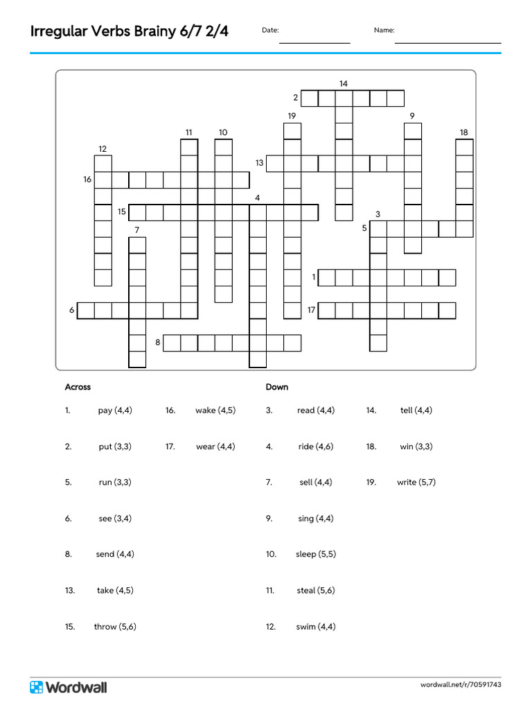 Irregular Verbs Brainy 6 7 2 4 Crossword | PDF