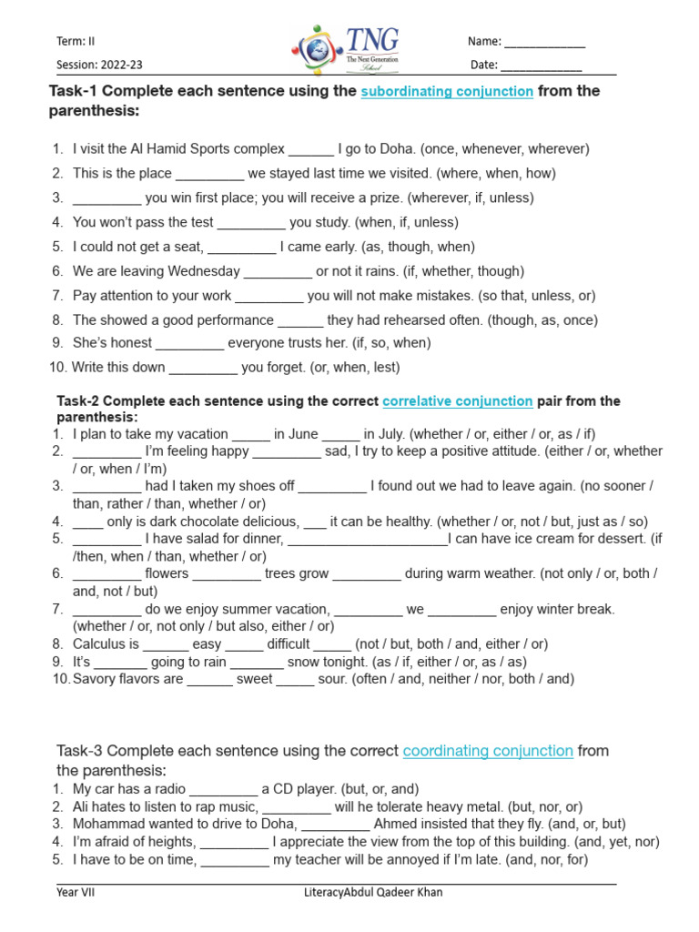 Class 6 Conjunctions Worksheet | PDF