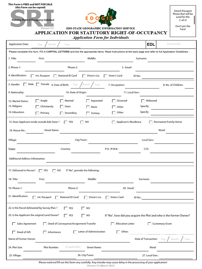 Application for Statutory Right of Occupancy | PDF | Identity Document