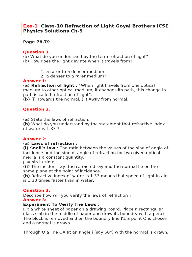 Class 10 Refraction of Light Guide | PDF | Refraction | Refractive Index