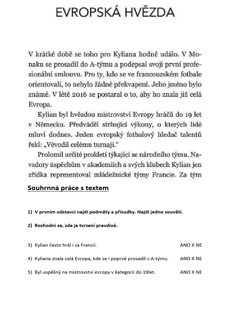 Fotbalové Hvězdy - Práce S Textem | PDF