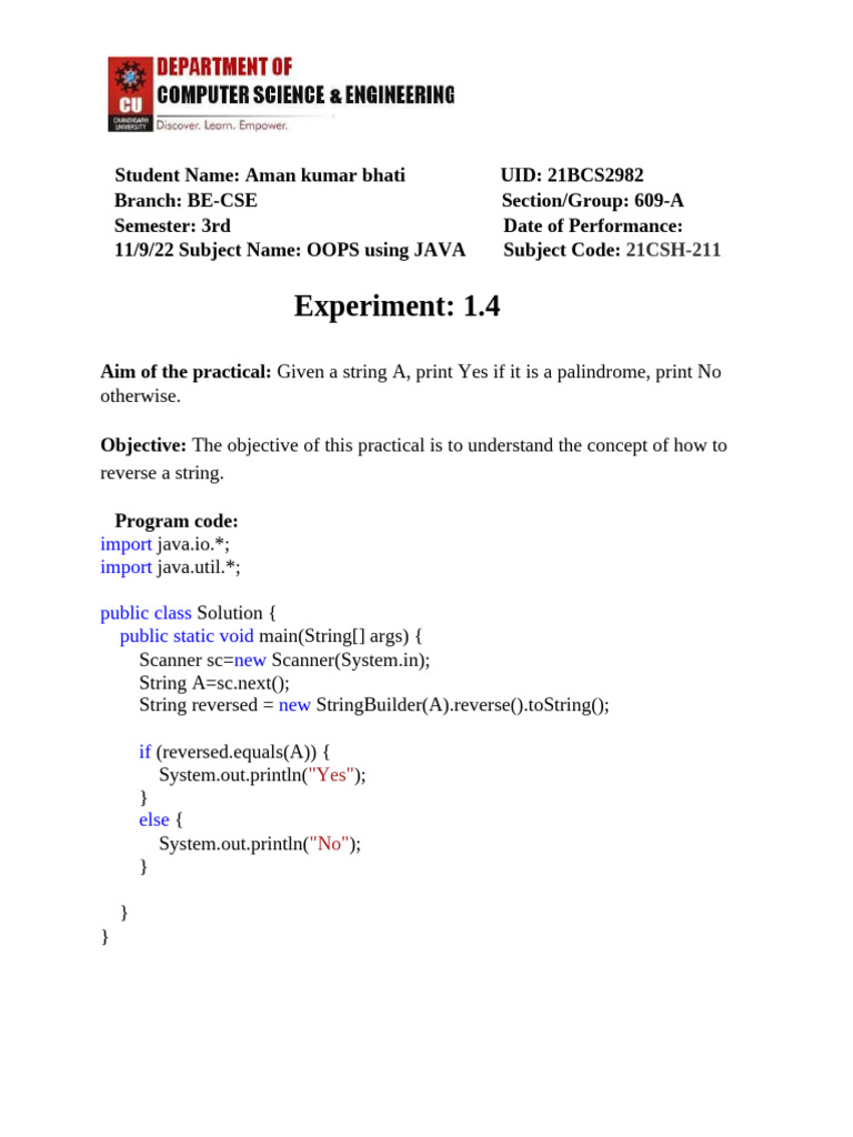 Palindrome Check in Java | PDF