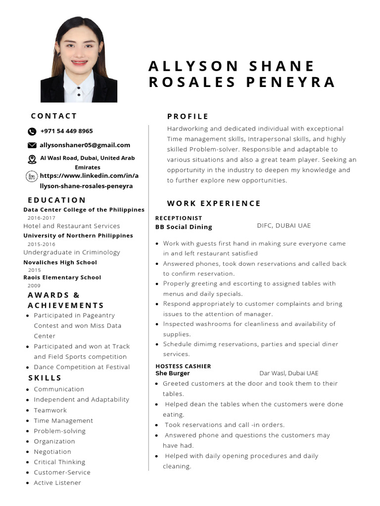 Allyson Shane Peneyra CV | PDF | United Arab Emirates | Restaurants
