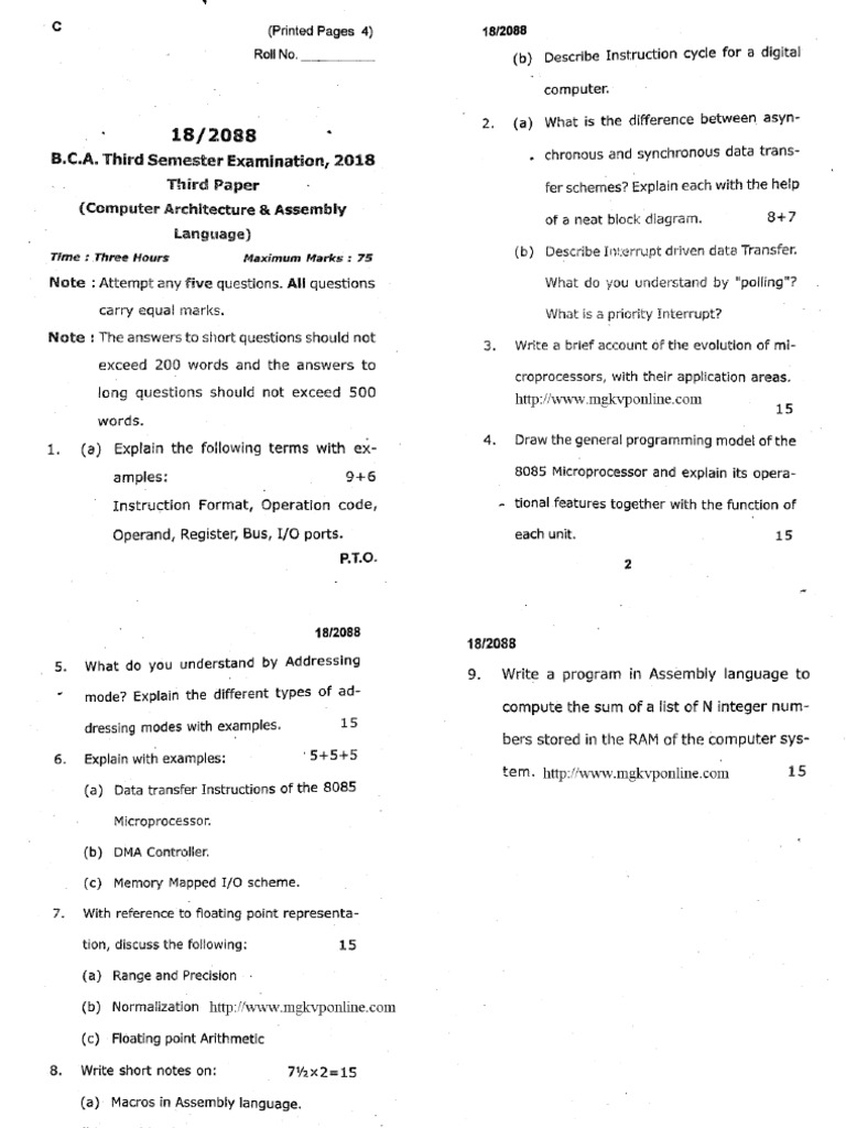 Bca 3 Sem Computer Architecture and Assembly Language Paper 3 2018 | PDF